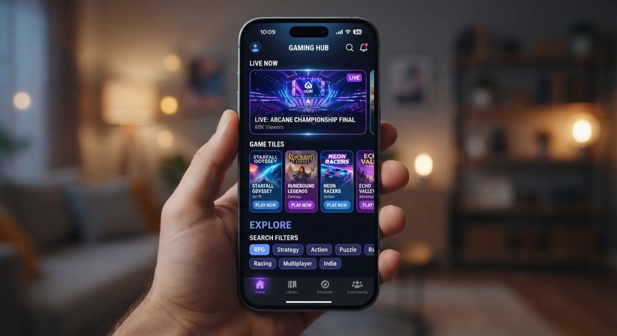 Interfejs mobilny z menu i listą gier na smartfonie