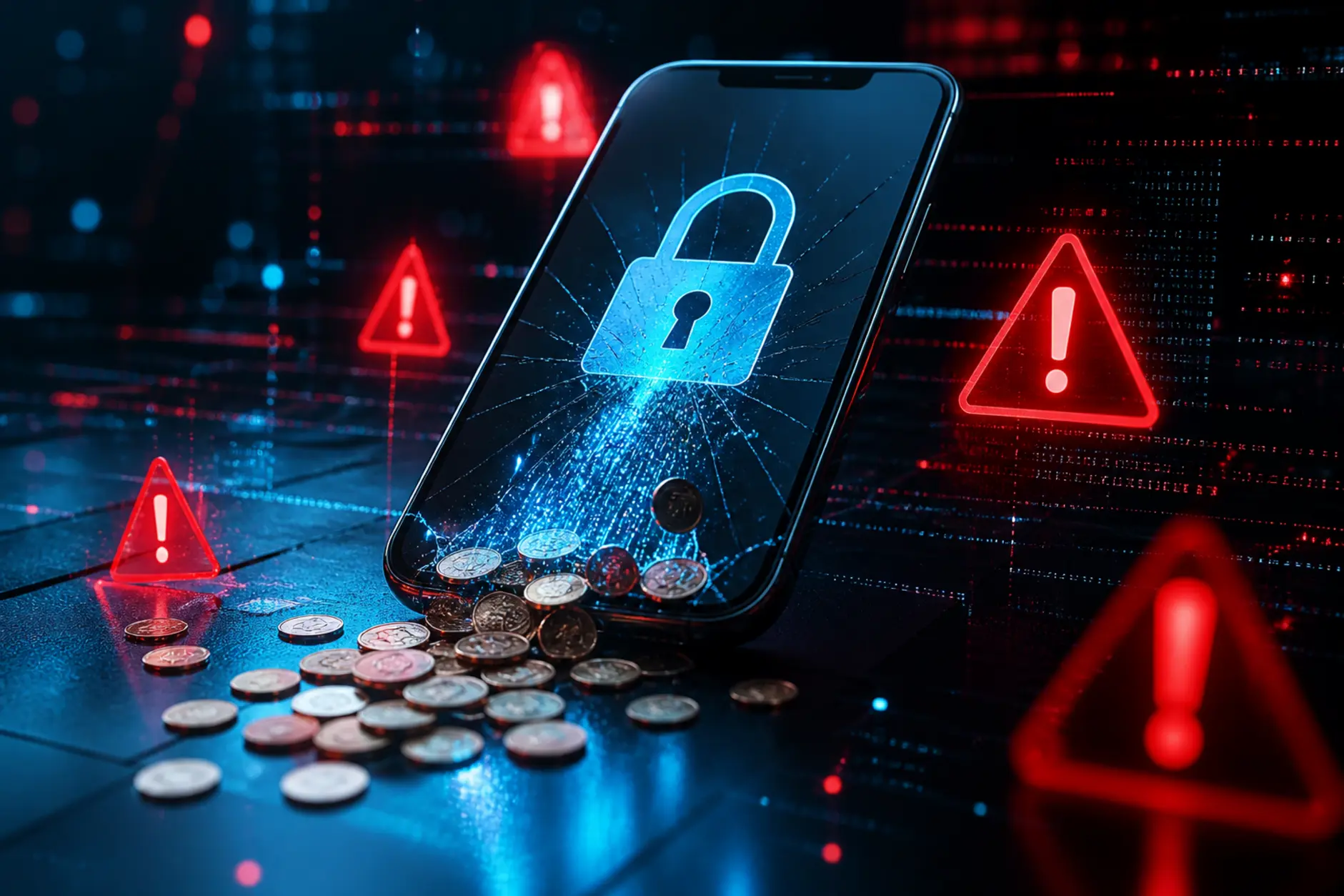 Smartfon z wyciekającymi monetami i ikoną kłódki jako symbol ryzyka finansowego