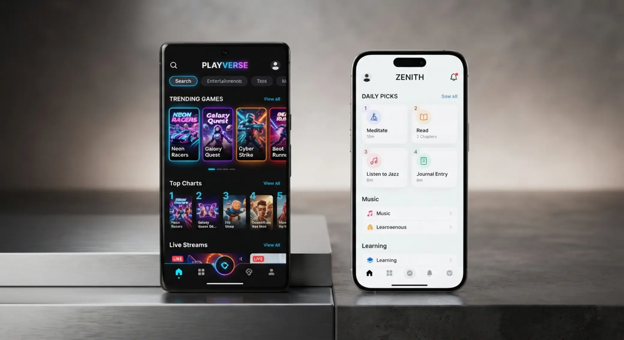 Dwa smartfony z różnymi interfejsami aplikacji mobilnych do rozrywki