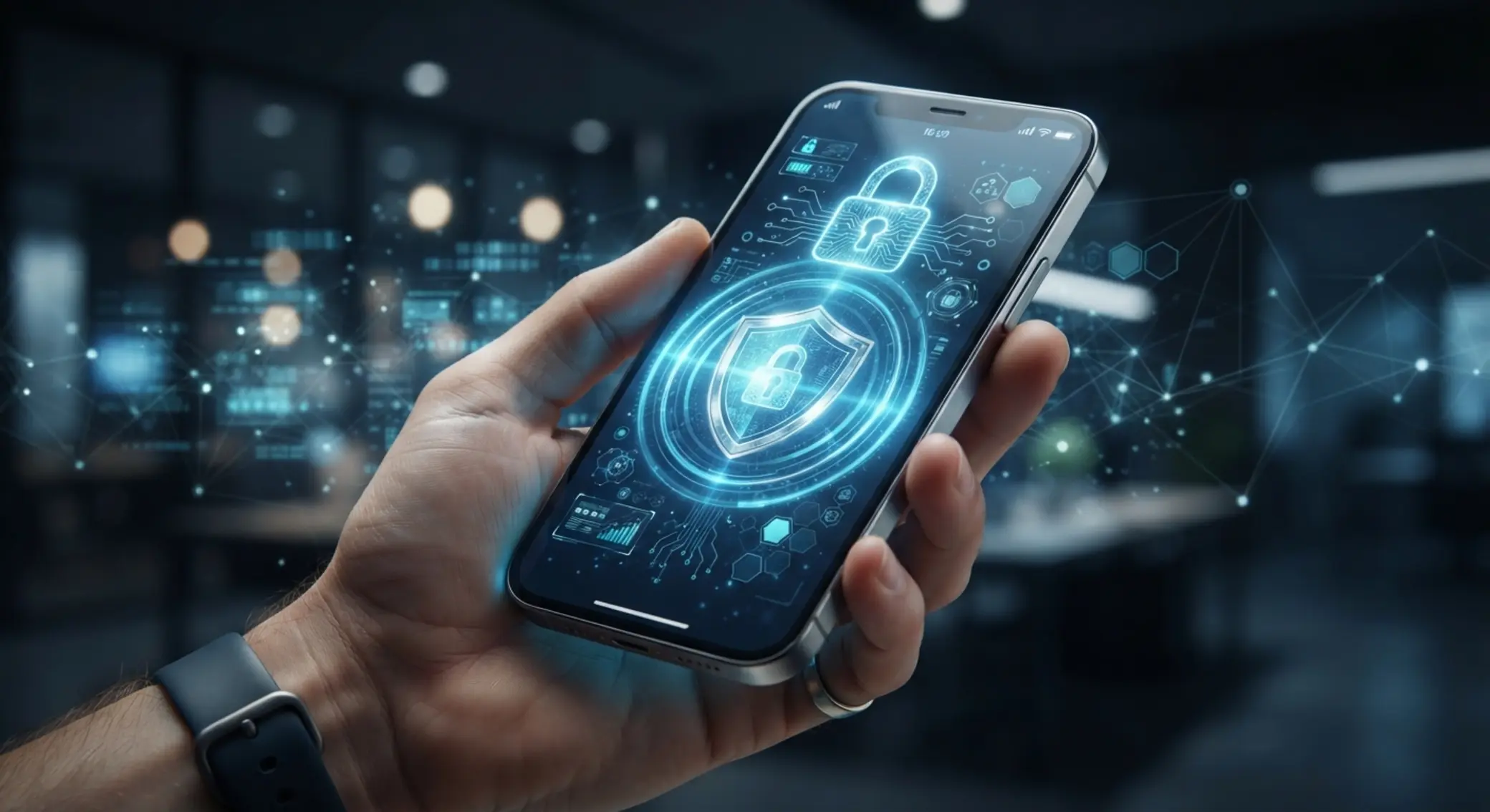 Smartfon z ikoną tarczy i kłódki symbolizującą bezpieczeństwo