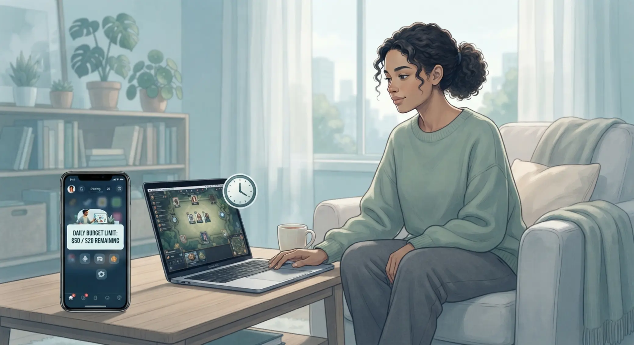 Ilustracja odpowiedzialnej gry z limitami czasu i budżetu przy komputerze