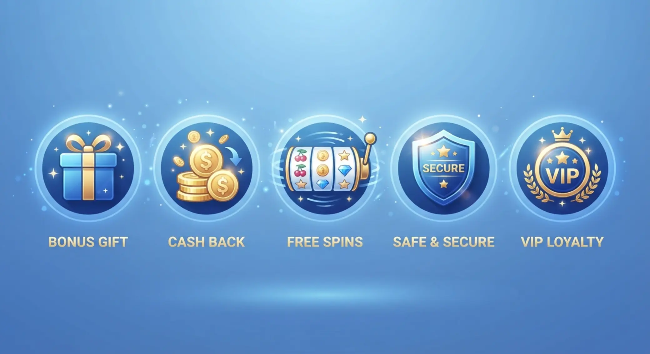 Ikony przedstawiające rodzaje bonusów online: prezent, monety, slot i cashback
