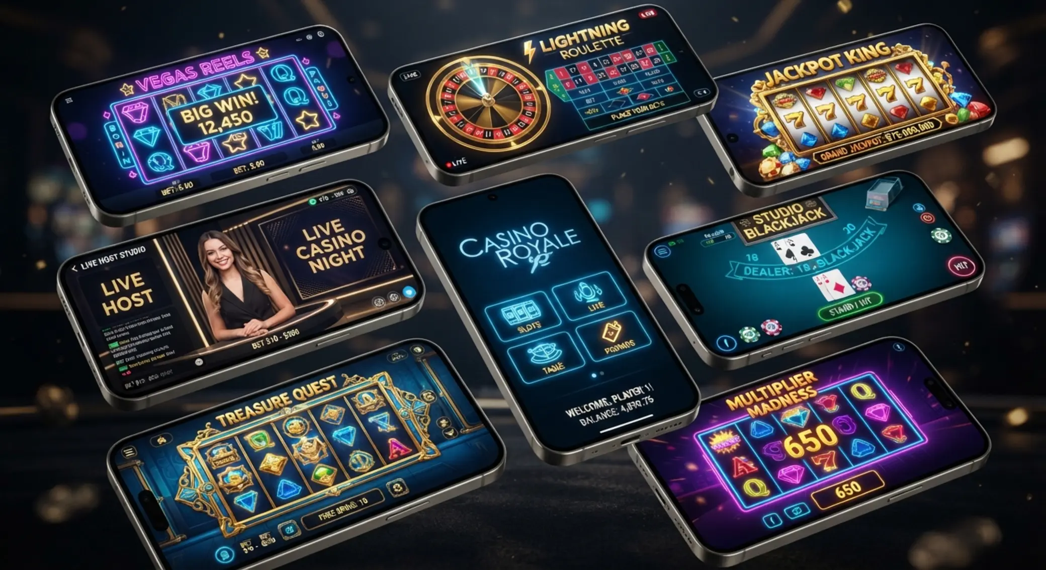 Kategorie gier dostępnych na Androidzie Kolaż mobilnych gier na Androidzie: slot, ruletka i live