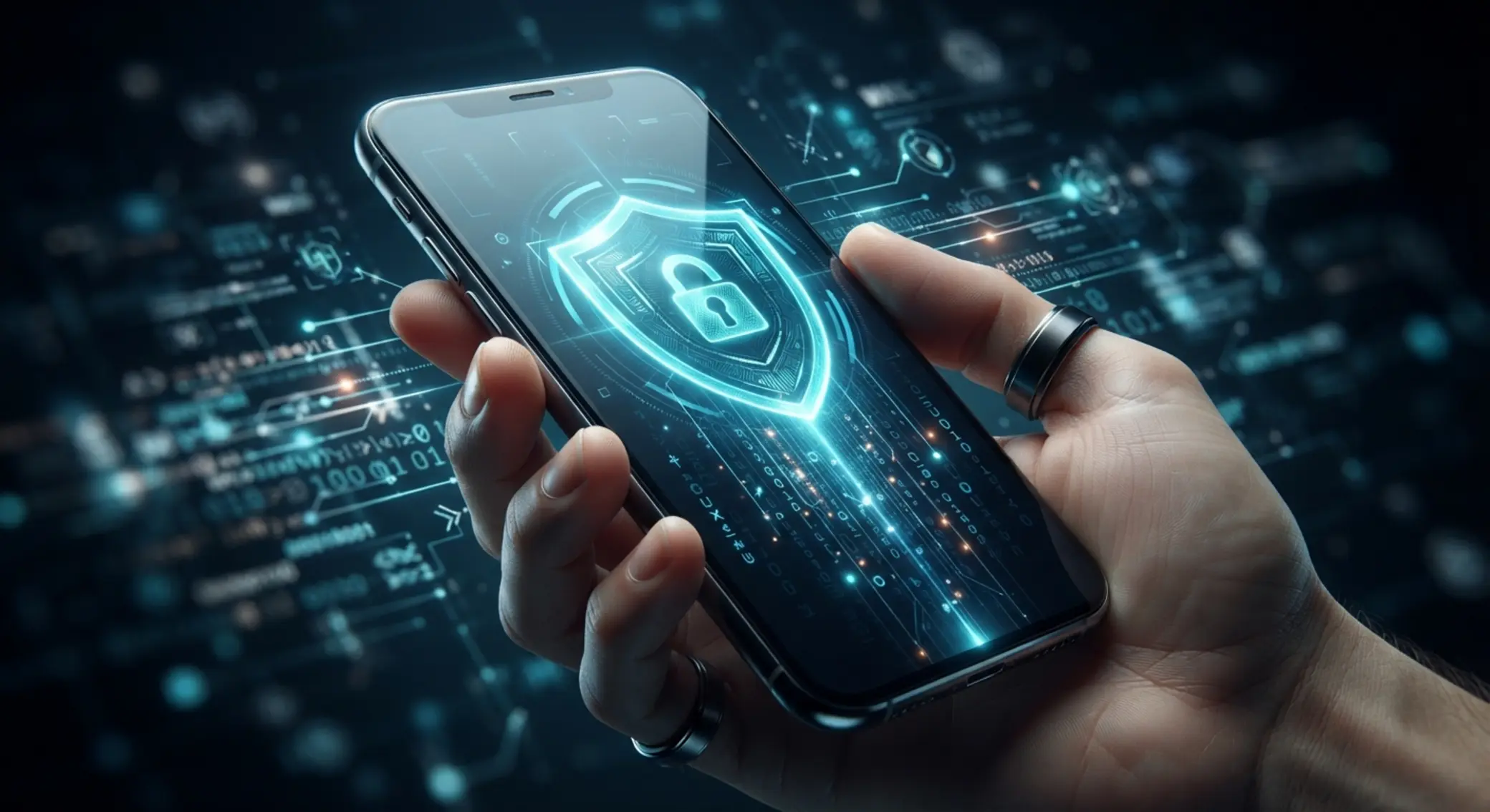 Smartfon z tarczą i kłódką jako symbol bezpieczeństwa aplikacji