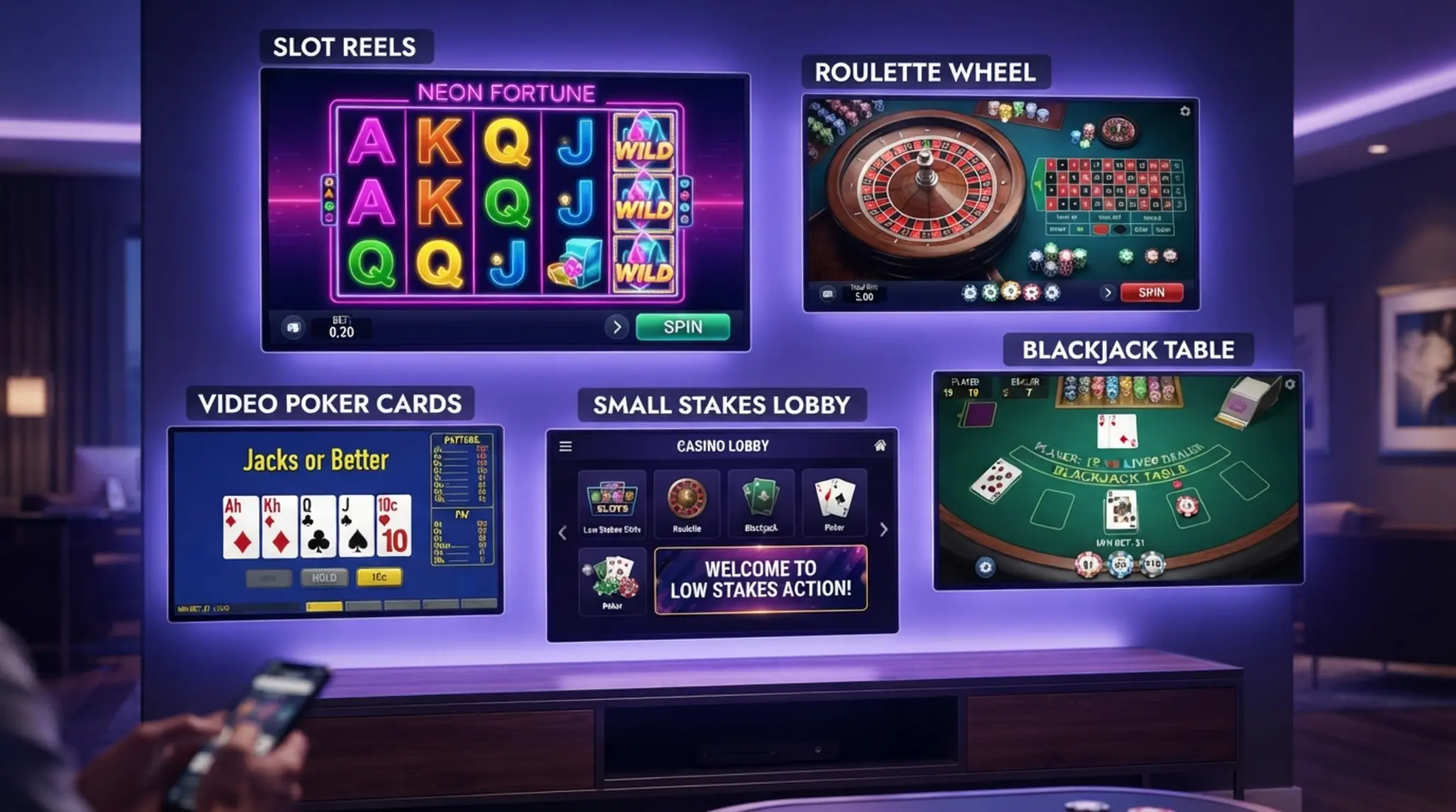 Sloty, ruletka i blackjack z zaznaczonymi małymi stawkami