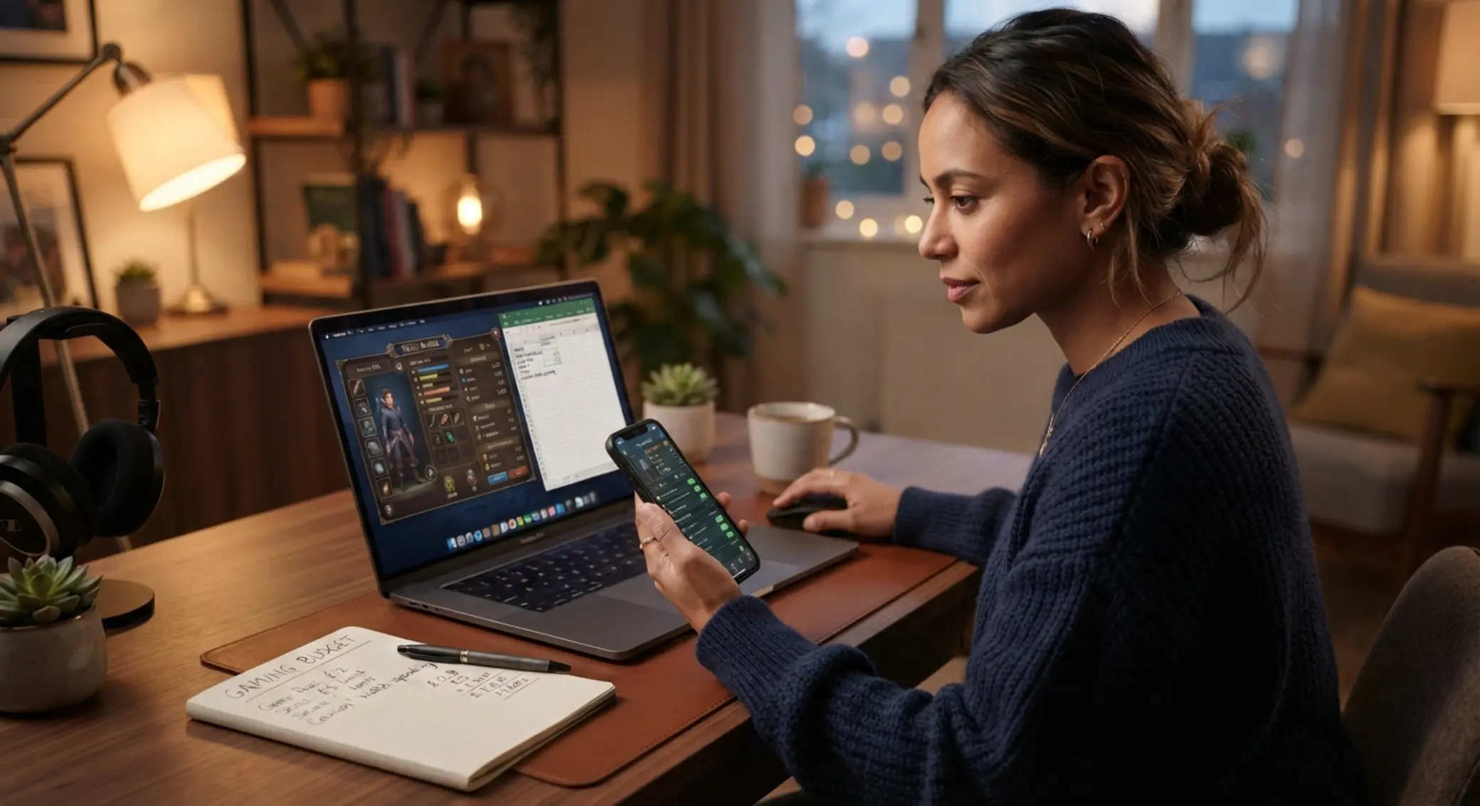 Gracz korzystający z telefonu i laptopa przy małym budżecie na gry online