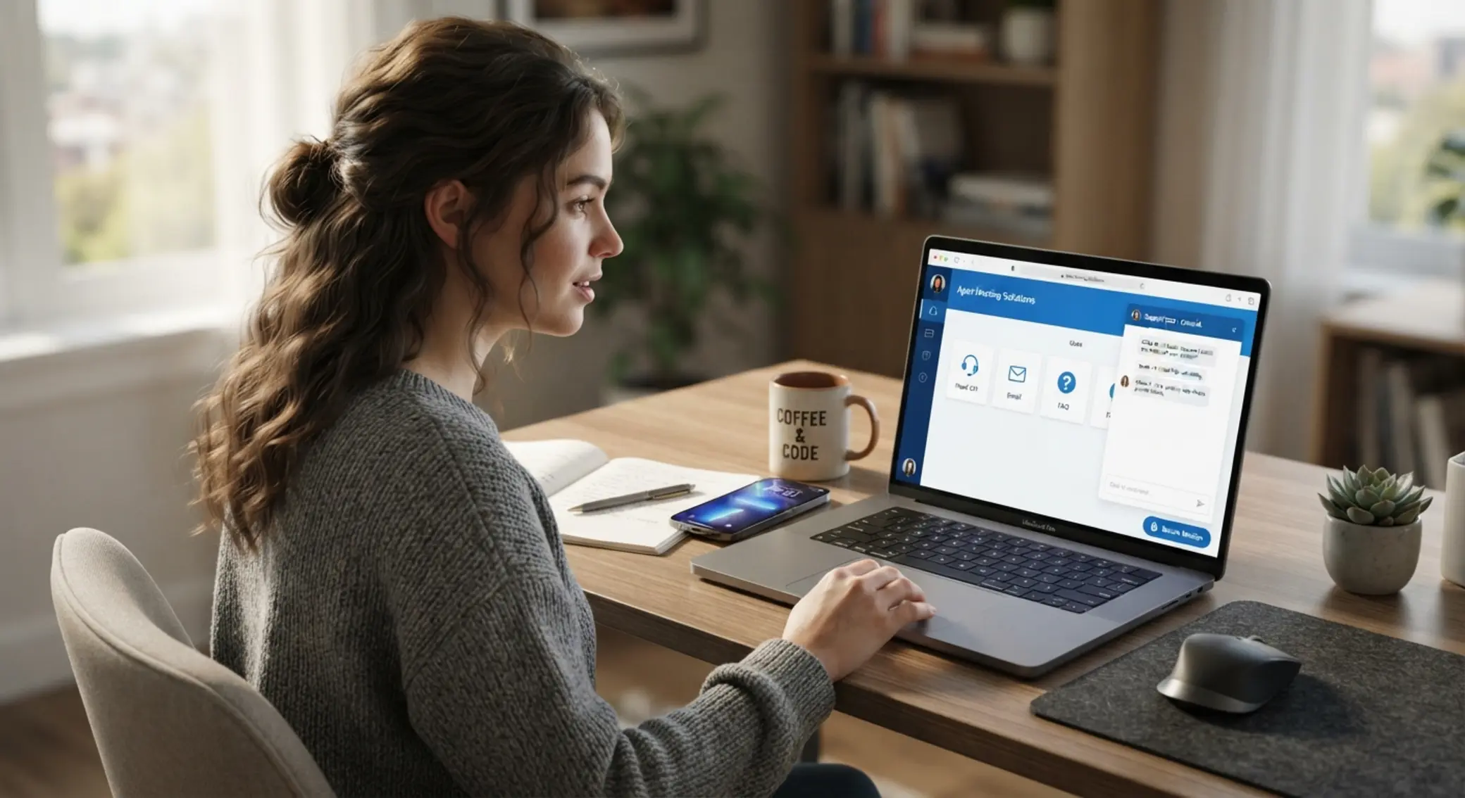 Użytkownik przegląda czat i opcje kontaktu online na ekranie laptopa