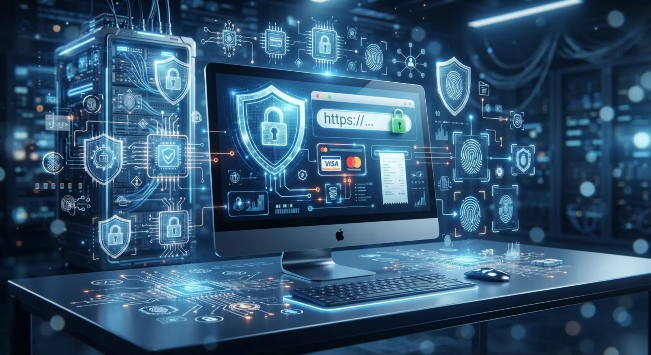 Ilustracja cyberbezpieczeństwa z kłódką, ekranem komputera i symbolami płatności